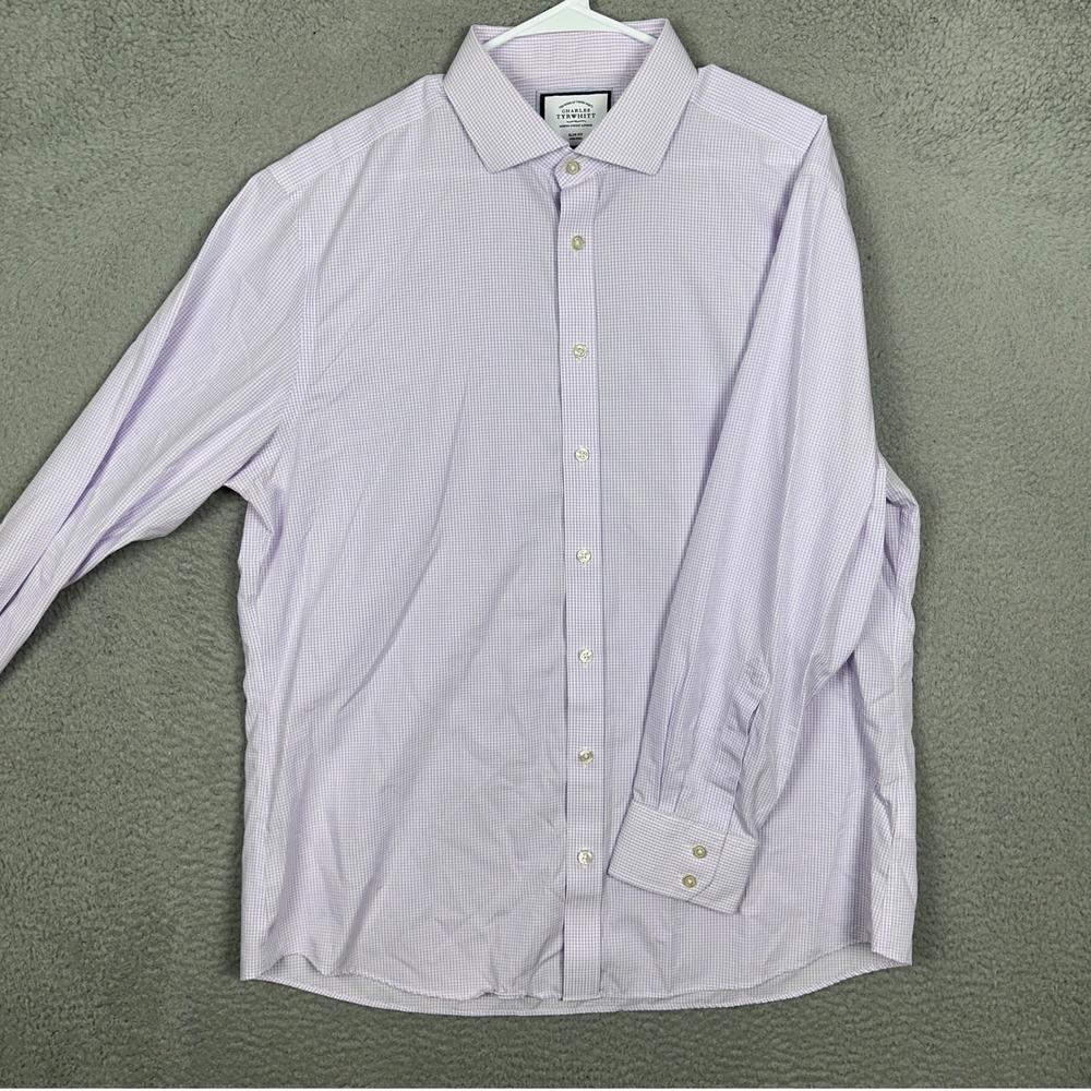 Charles Tyrwhitt Dress Shirt Mens 17.5-34 Slim Fit Purple Gingham Button Up EUC